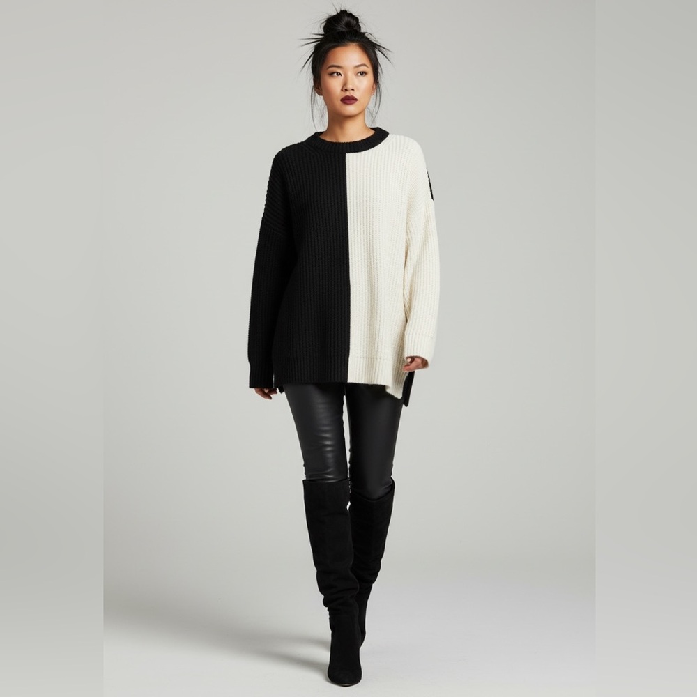 Alice + Olivia Black & Cream Colorblock Oversized Sweater | Size L